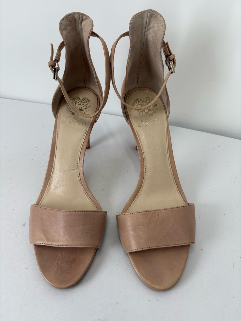🧠 Vince Camuto  Court Beige Open-Toe Ankle Strap Heels